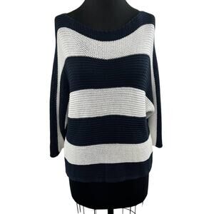 Carina Ricci Blue White Open Knit Striped Sweater Boatneck Long Sleeve M ITALY